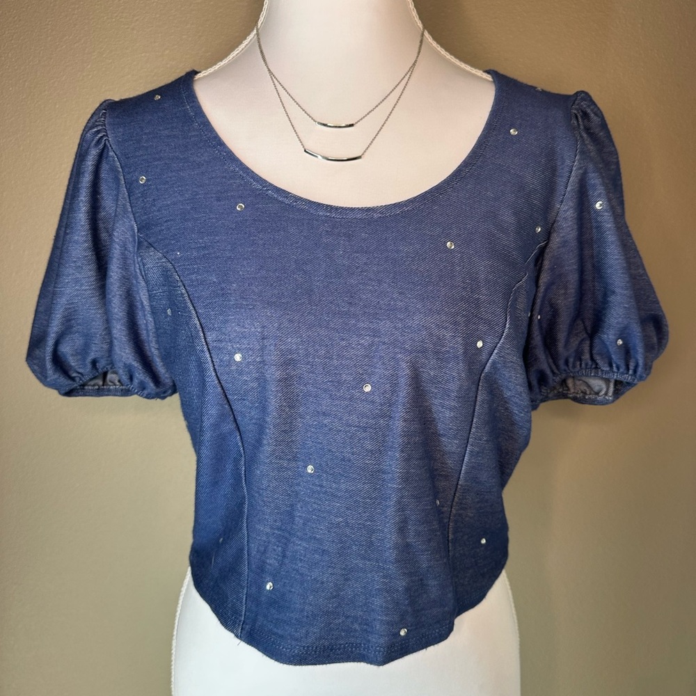 Wildflower Blue Studded Puff Sleeve Top Women’s Medium‎ Boho